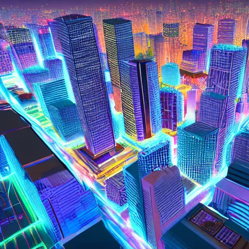 Prompt: Wall Mural - 3D Rendering of digital city at night with various color led glowing lights. Concept of big data, machine learning, business artificial intelligence, night life, virtual reality, panorama view