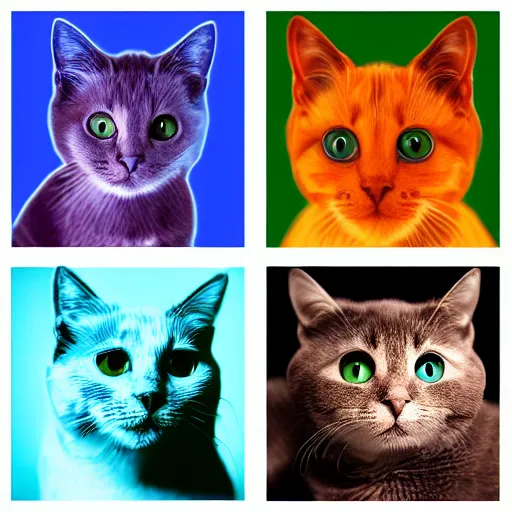 Image similar to a series of four pictures of different colored cats, computer graphics by hanns katz, pixabay contest winner, photorealism, quantum wavetracing, # myportfolio, macro photography