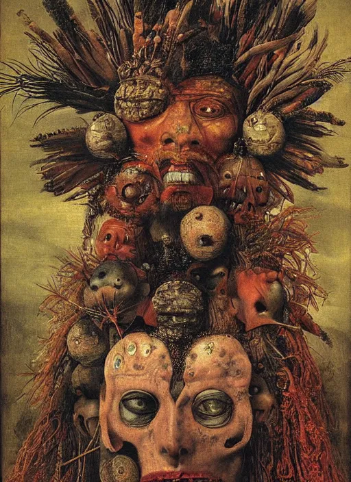 Prompt: a surreal painting of a shaman's face, by Giuseppe Arcimboldo, Dante's inferno, symbolist, soft colors, dramatic lighting, smooth, sharp focus, extremely detailed, aesthetically pleasing composition