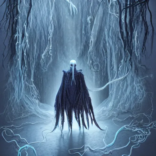 Prompt: a humanoid ethereal ghost like live action muppet wraith like figure with a squid like parasite as its head and four long tentacles for arms that flow gracefully at its sides like a cloak while it floats around a frozen rocky lake in the middle of the frozen woods searching for lost souls and that hides amongst the shadows in the trees, this character has cryokinesis and umbrakinesis and is a real muppet by sesame street surrounded by lost muppet souls, photo realistic, real, realistic, felt, stopmotion, photography, sesame street