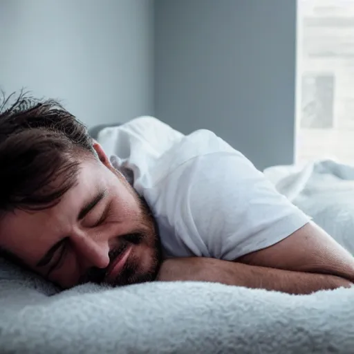Prompt: A happy man deep sleeping on a bed, it's around 3 AM and night, he is dreaming about happy white sheeps jumping a fence, his bedroom is an aesthetic happy place, he is very secure and confortable