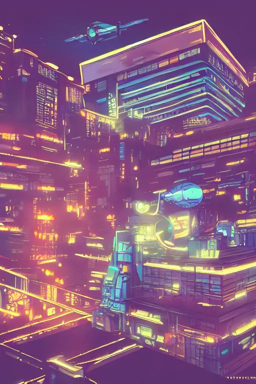 Prompt: cyberpunk buildings with a flight vehicle glowing in the sky, neon sign, bottom view ， bladerunner, pixiv