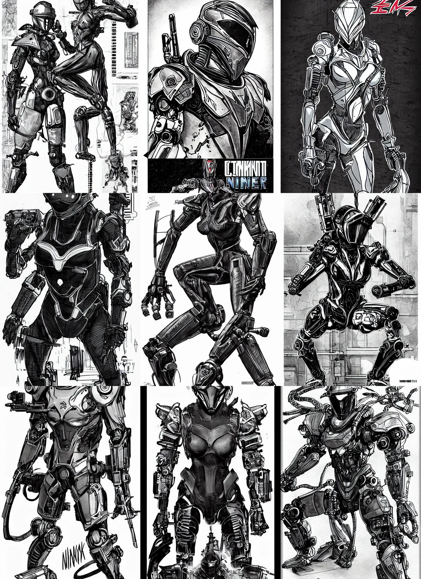 Prompt: combat ninja robot designed by jony ive, action pose, warframe art, feminine proportions, detailed helmet, portrait, cyberpunk 2 0 2 0 manual, by steampoweredmikej, by tim bradstreet, inktober, ink drawing, black and white, coloring pages, manga, highly detailed