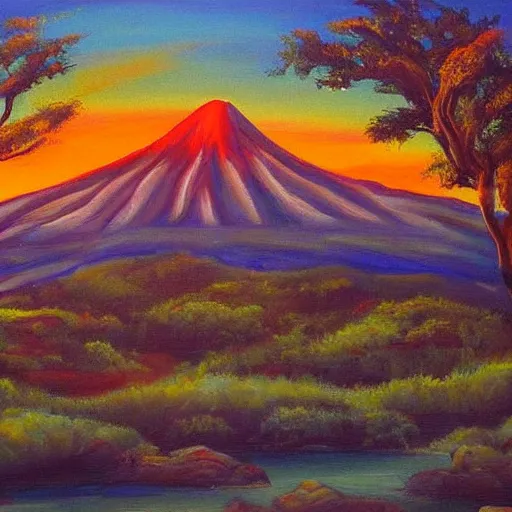 Prompt: beautiful painting of a landscape in sunset, volcano in the background