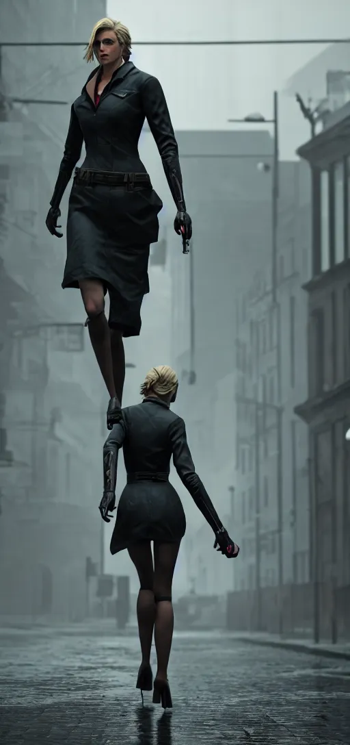 Image similar to beautiful model annie leonhart running on high heels with open toe in dunwall city, beautiful face, detailed face, cinematic lighting, rainy weather, melancholy atmosphere, volumetric light, octane render, dishonored 1, gothic architecture, realistic reflections, octane render 8 k, model agency, studio lighting