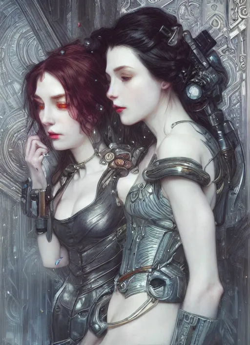 Image similar to portrait of two beautiful pale gothic maidens kissing, warhammer 40000, cyberpunk, intricate, elegant, highly detailed, digital painting, artstation, concept art, smooth, sharp focus, illustration, art by artgerm and greg rutkowski and alphonse mucha and Gustav Klimt