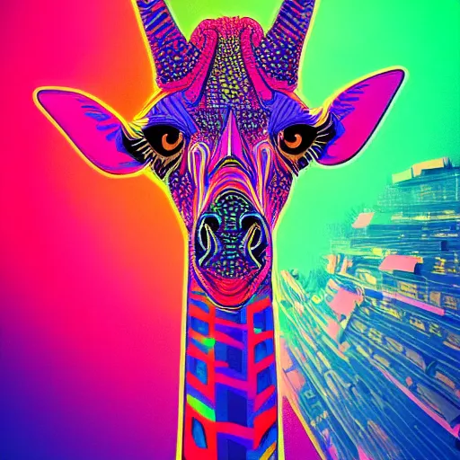 Prompt: a psychedelic neon technicolor portrait illustration of a cyberpunk giraffe in geometric kaleidoscopic colors trending on artstation 4 k intricate extremely detailed digital art