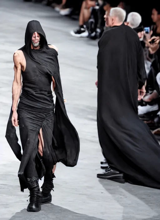 Image similar to hyperrealistic and heavy detailed rick owens avant garde runway show of batman, leica sl 2 5 0 mm, vivid color, high quality, high textured, real life