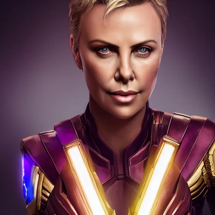 Image similar to portrait of ((((Charlize Theron)))), wearing The Infinity Gauntlet. SNAP. intricate artwork. octane render, trending on artstation, very coherent symmetrical artwork. avengers. thanos. cinematic, hyper realism, high detail, octane render, 8k, iridescent accents