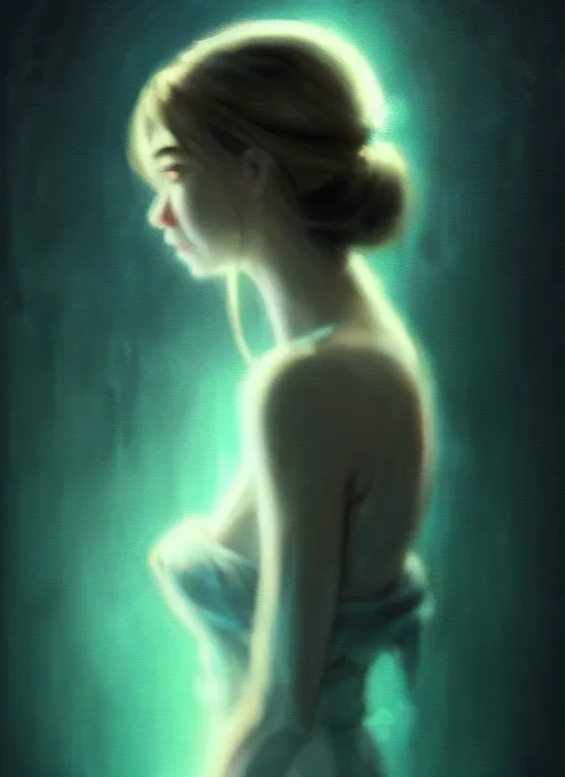 Image similar to side portrait, imogen poots, deathknight, soft, smooth, luminescent, haunting, pale green backlit glow, evil inky swirly ripples, sickly colors, anime, realistic shaded lighting poster by greg rutkowski, magali villeneuve, artgerm, jeremy lipkin, michael garmash and, rey