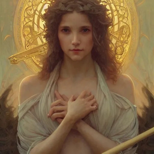 Prompt: maiden on the river styx, intricate, elegant, highly detailed, digital painting, artstation, concept art, smooth, sharp focus, illustration, art by artgerm and greg rutkowski and alphonse mucha and william - adolphe bouguereau