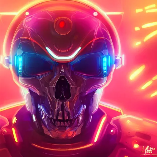 Prompt: centered hyperdetailed portrait of a mecha skull ronin, 8k, digital painting, futuristic, neon lights, trending on CG society