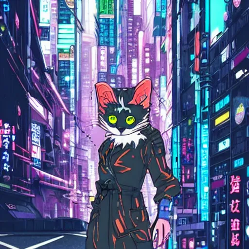 Prompt: Cyberpunk cat, 90s Japan anime style
