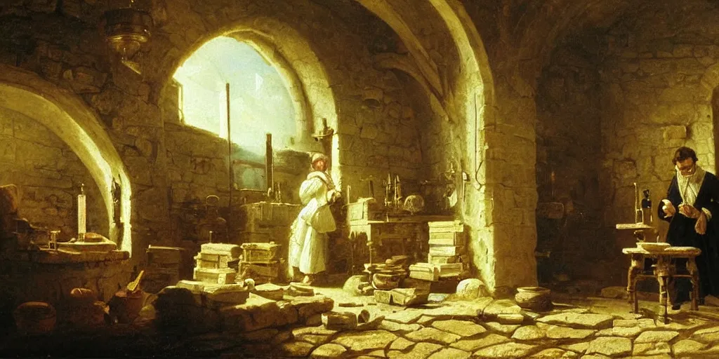 Prompt: 1 7 th century alchemist scientist standing in his wondrous workshop doing mysterious experiments with vials, smoke and parchments, stone walls, high - detailed oil painting by albert bierstadt