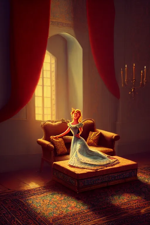 Prompt: insanely detailed painting of a beautiful lady in a castle on an ottoman, in the style of peter morbacher, dramatic lighting and composition, octane rendering, pixar, trends on artstation, concept art