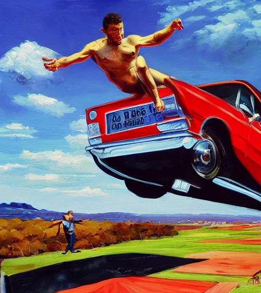 Prompt: high quality high detail painting by alberto mielgo, man jumping over a car, hd