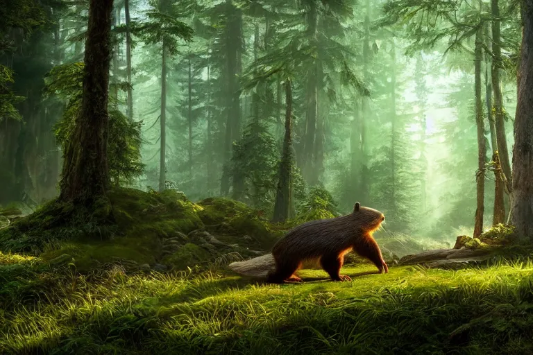 Image similar to a beaver standing in the forest, beautiful dynamic lighting, cinematic, wide angle establishing shot, extremely high detail, photo realistic, cinematic lighting, post processed, concept art, artstation, matte painting, style by frederic church, raphael lacoste, unreal engine 8k