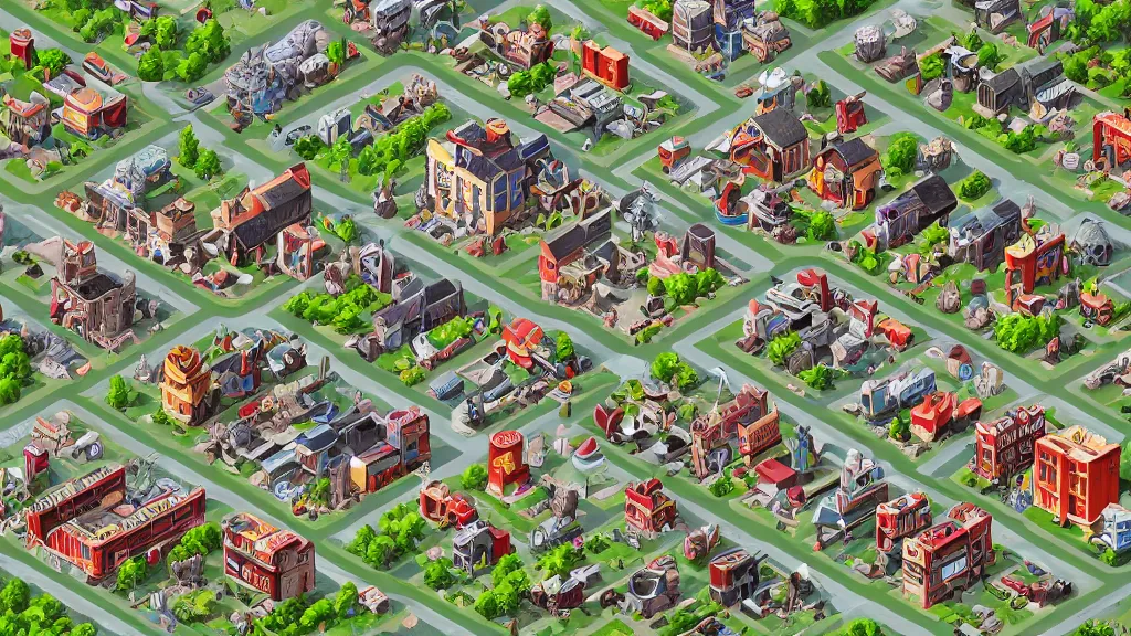 Image similar to photorealism spoiled isometric railroad village / city setting