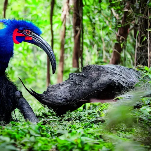 Prompt: astonished and angry middle aged lady fighting a cassowary in the jungle, greek ethnicity, thin face structure, uncombed straight grey black hair, angry eyes, photo, realistic, outdoor lighting, 4 k, 8 k, hd, 3 9 mm lens