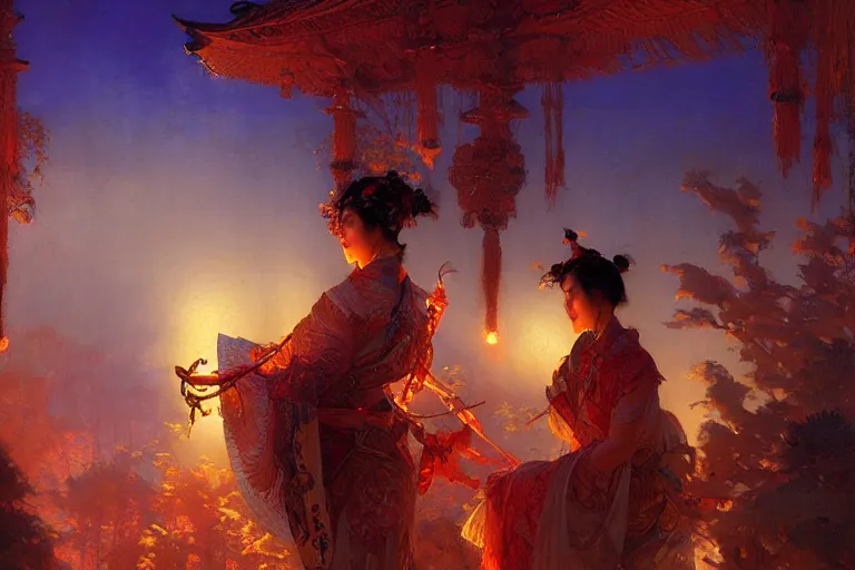 Image similar to netease ibaraki, night, brilliant colors and hard shadows and strong rim light, colorful, night sky, cool white color temperature, painting by gaston bussiere, craig mullins, j. c. leyendecker