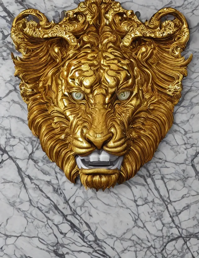 Prompt: beautiful portrait of a large ornate and intricate rococo carved marble and gold tiger face, 3 d, photorealistic, symmetric, front facing, centered, hyper detailed, gold plated on white marble, wallpaper pattern