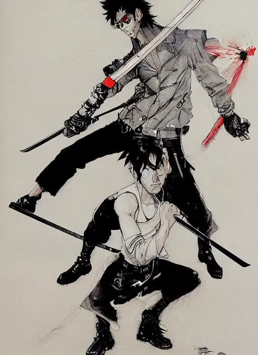 Image similar to travis touchdown swinging a beam katana, by takehiko inoue and kim jung gi, masterpiece ink illustration