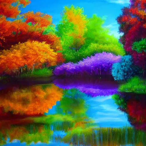 Image similar to beautiful pond with reflections of trees colorful magical realism detailed painting 4 k