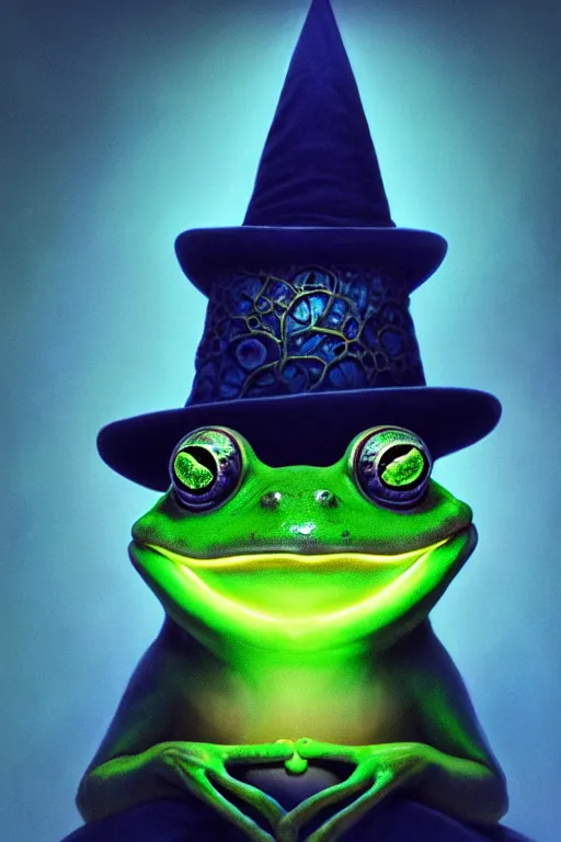 Prompt: Bioluminescent, portrait of frog wearing wizard hat, very intricate , trending on artstation , very elegant, in the golden hour by Daniel Merriam, Trending on Artstation, oil on Canvas by Elena Zhurikhina and Goro Fujita and Charlie Bowater, octane render, 4k, 8k, HD