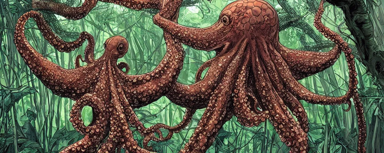 Prompt: A large octopus-like creature swinging between trees in a jungle, intricate, elegant, highly detailed, smooth, sharp focus, detailed face, high contrast, dramatic lighting, graphic novel, art by Ardian Syaf and Pepe Larraz,