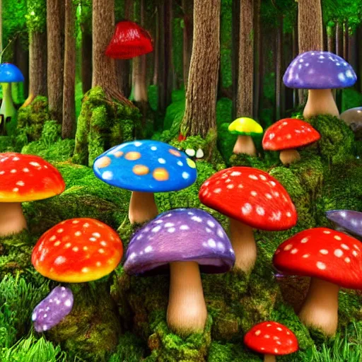 Image similar to a magical forest of brightly colored mushrooms and forest creatures dancing in the rain, fantasy landscape, 4 k, 3 d