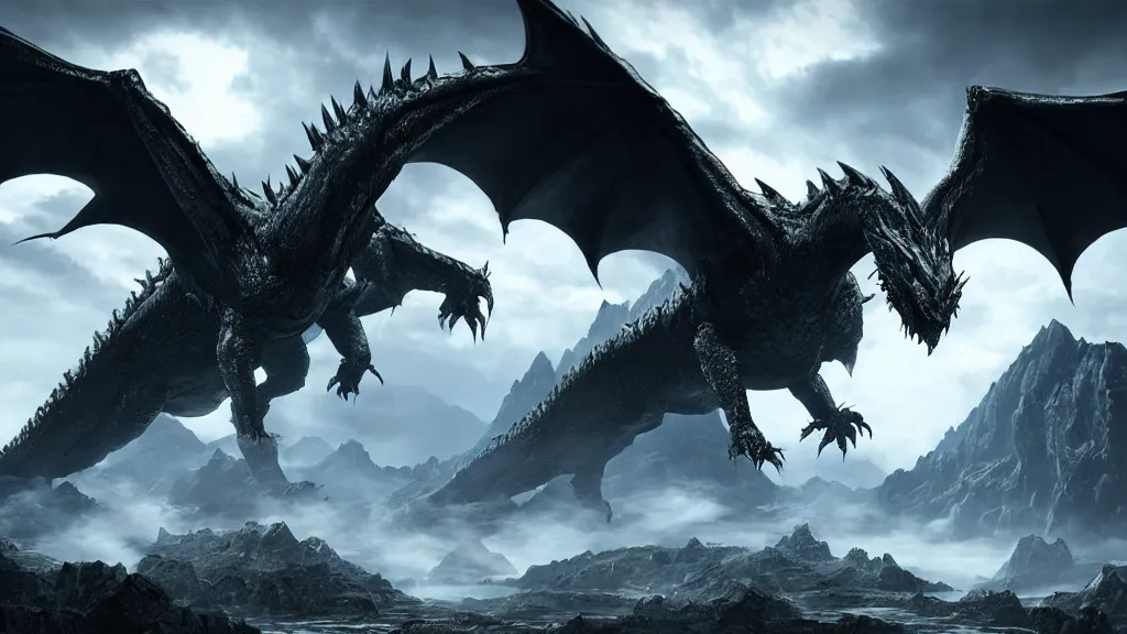 Prompt: Ancalagon the black, the biggest dragon that ever lived, over towering the huge mountains of Thangorodrim, landscape wide shot, epic, cinematic lighting, Unreal Engine 5, film key art, Bloom, dramatic lighting, cg artist