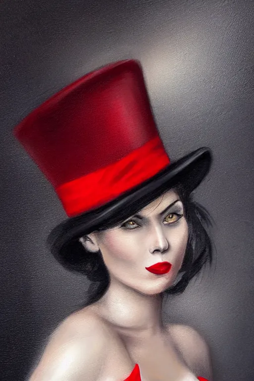 Image similar to elegant long hair lady wearing red dress and tophat, close up portrait, realistic detailed painting, dark background, noir, mysterious