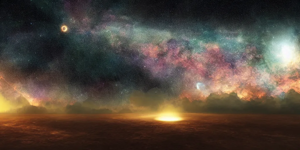 Image similar to astrological universe projected onto a cosmic radiation background, milky way galaxy in the distance, cosmic nebulous clouds, octane render, photorealistic illustration, colored pencil art, doug tenpal style, 8 k resolution,