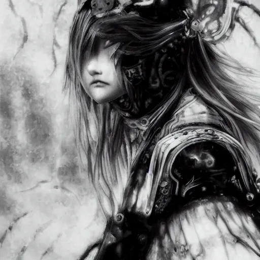 Prompt: yoshitaka amano blurred and dreamy grainy photo of an anime girl with black eyes, wavy white hair and cracks on her face near eyes wearing elden ring armour with the cape fluttering in the wind, abstract black and white patterns on the background, noisy film grain effect, highly detailed, renaissance oil painting, weird portrait angle
