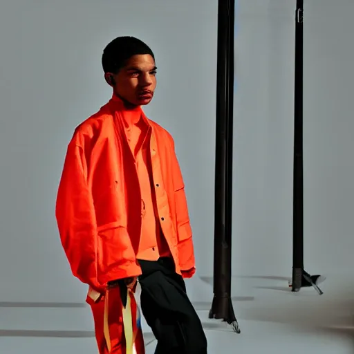 Image similar to realistic photoshooting for a new raf simons lookbook color film photography portrait of a beautiful woman model wearing a workwear jacket, photo in style of tyler mitchell