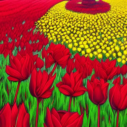 Prompt: detailed artgerm picture about red flower in the middle yellow field