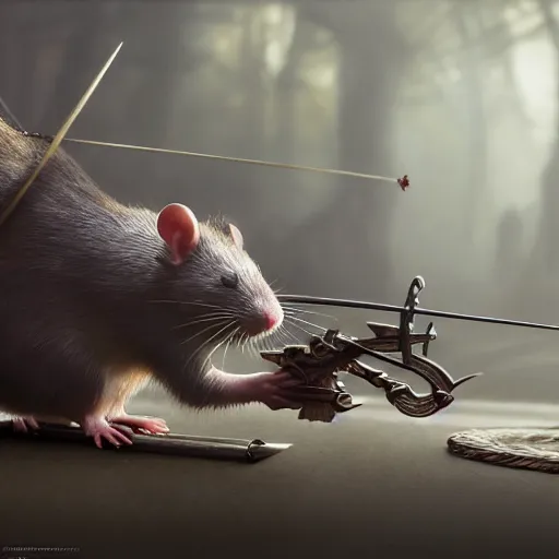 Prompt: rat as a bow master, realistic, 8 k, extremely detailed, cgi, trending on artstation, hyper - realistic render, 4 k hd wallpaper, premium prints available, octane render, award winning, by greg rutkowski