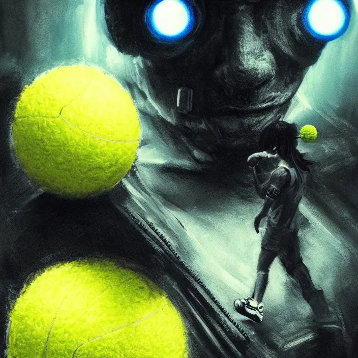 Prompt: cinematic portrait of a cute tennis ball monster, cyberpunk, bladerunner, chalk, masterpiece, trending on artstation, featured on pixiv, cinematic composition, dramatic pose, beautiful lighting, sharp details, hyper - detailed, hd, hdr, 4 k, 8 k, art by basil gogos