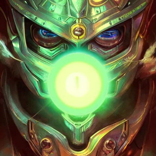 Image similar to portrait of an evil robotic man as a paladin in full shining armor with one beautiful green glowing eye, oil painting, digital painting, intricate detail, vivid color, neon color, artwork by ross tran + raymond swanland, background artwork by steven outram