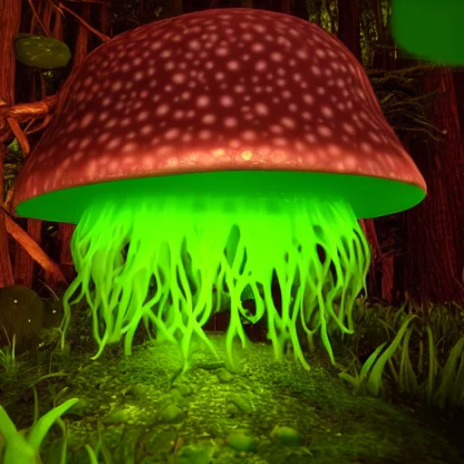 Image similar to a glowing mushroom made of green jello, gelatinous, growing in the forest, unreal engine