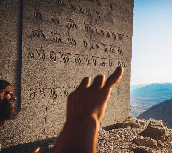 Image similar to biblical moses taking a selfie with the ten commandments on a mountain XF IQ4, 150MP, 50mm, F1.4, ISO 200, 1/160s, natural light