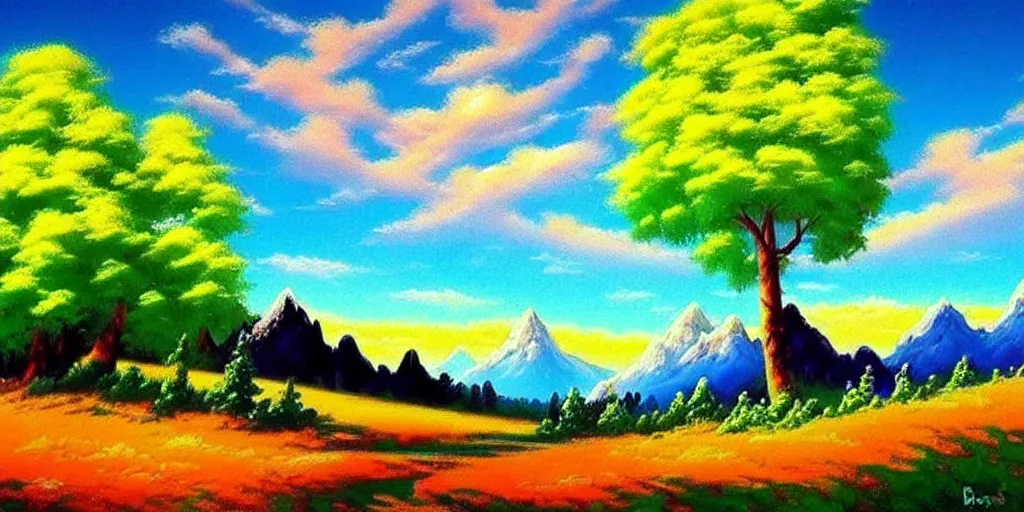 Image similar to a beautiful fantasy landscape art, orange clouds, blue sky and green trees, snowy mountains, art by bob ross