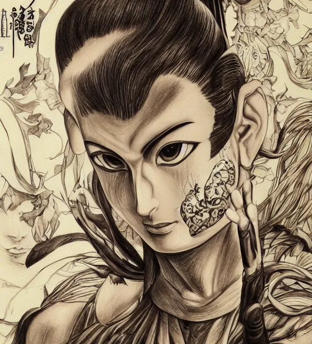 Prompt: buddhist taoist drawing painting mural of a beautiful girl portrait in alex ross escher gantz onepunchman style detailed trending award winning