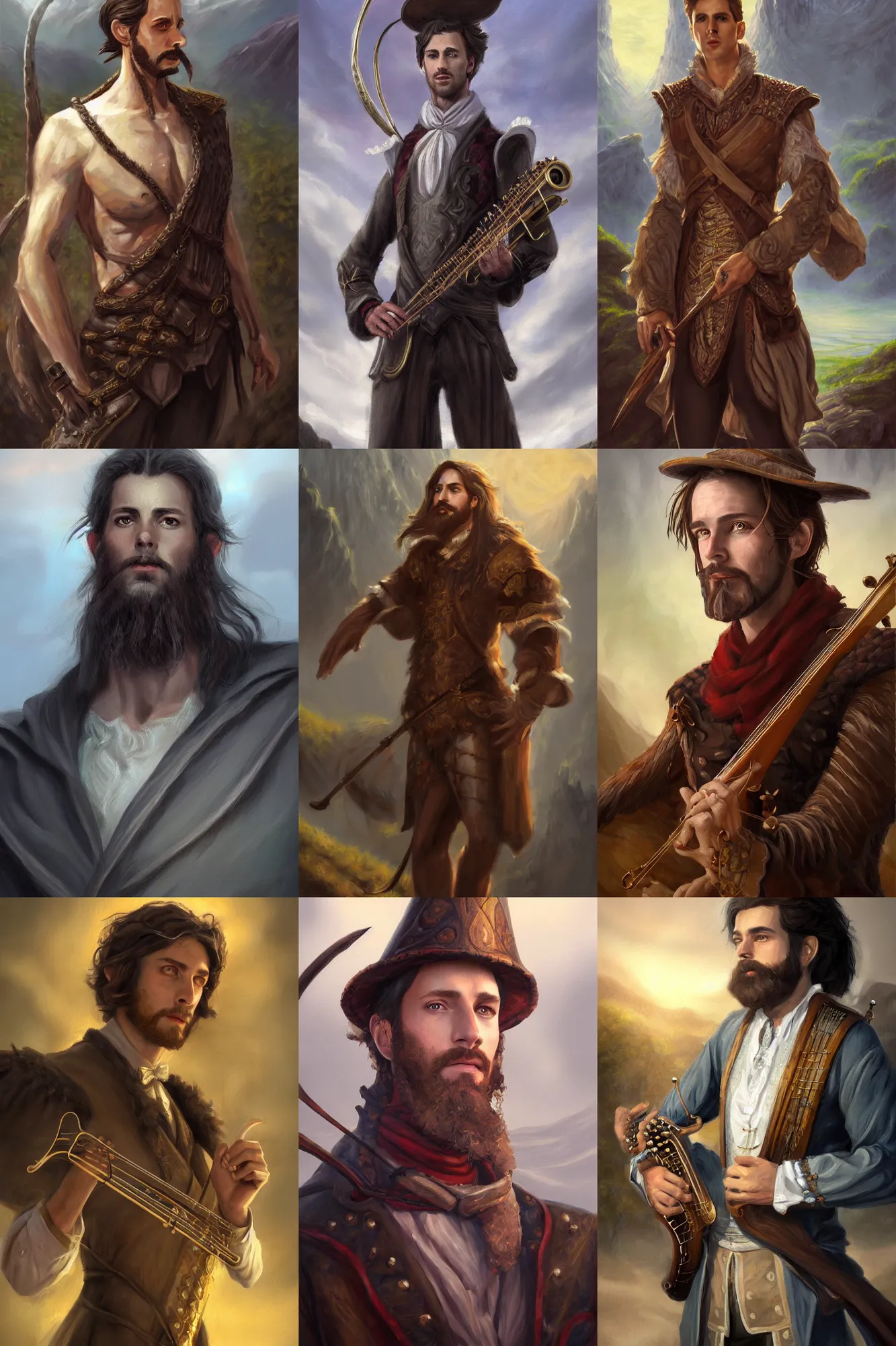 Prompt: a full body high detail fantasy portrait oil painting illustration of a single elegant male bard by justin sweet with face and body clearly visible, in a scenic background, visible pupils, realistic proportions, d & d, rpg, forgotten realms, artstation trending, high quality, sombre mood, artstation trending, muted colours, entire person visible!