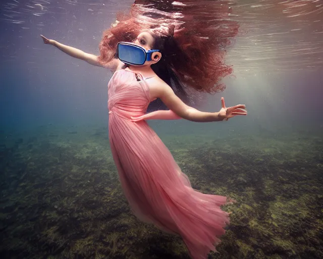 Image similar to beautiful female portrait, full body, diver in long flowy dress, underwater, cinematic volumetric lighting, soft bokeh, glow, 8 k, by wlop, by ross tran, fashion photography