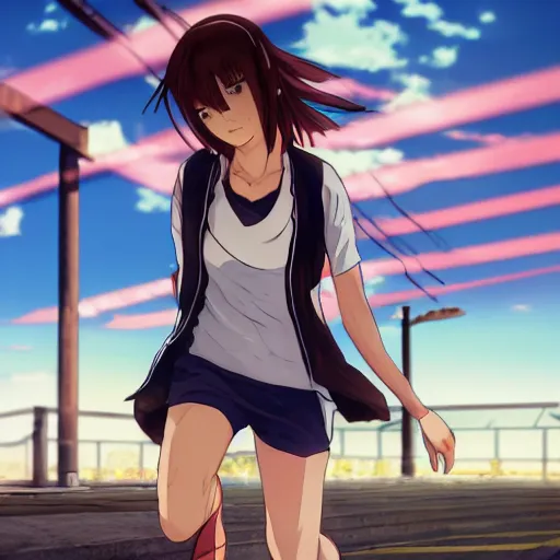 Image similar to anime style, gta 5, girl is running, red sport clothing, marathon race, brown short hair, hair down, symmetrical facial features, from arknights, hyper realistic, rule of thirds, extreme detail, detailed 4 k drawing, safebooru, realistic lighting, by alphonse mucha, greg rutkowski, smooth, backlit