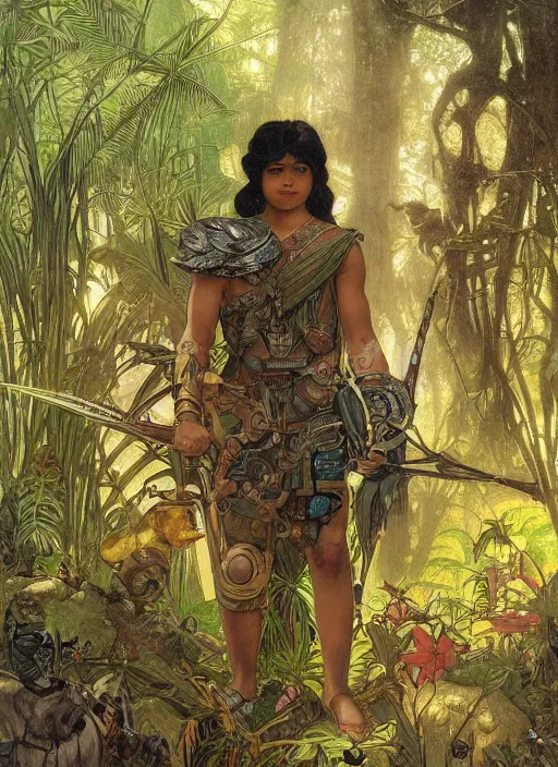 Image similar to portrait of a little epic cyborg warrior boy character with dark skin and beautiful symmetric face and long black hair and an armored tiger at his side in the middle of a lush jungle. diffuse night light, dramatic landscape, fantasy illustration, matte painting by mucha