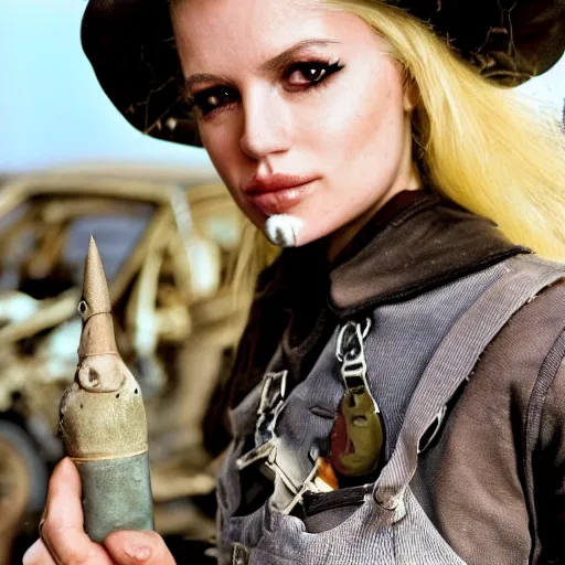 Image similar to close up headshot of a skinny female high-fantasy elf with a long face narrow chin and spiky blonde hair wearing dark brown overalls and holding a bomb next to a destroyed car, gel spiked blond hair, small ears, narrow lips, high resolution film still, HDR color