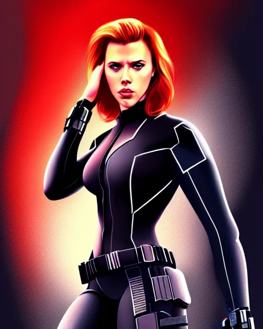 Image similar to Scarlett Johansson Black Widow, full body action pose, symmetrical, highly detailed, digital painting, artstation, concept art, smooth, sharp focus, illustration