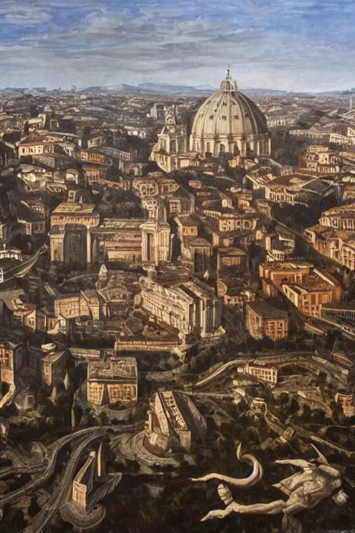 Image similar to Rome city, oil on canvas, extremely detailed, artstation, by HR giger and Caravaggio